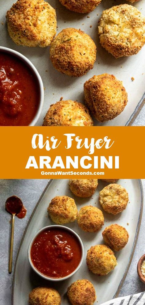 *NEW* These air fryer arancini have a crisp and crunchy shell, stuffed with creamy risotto and gooey cheese, and they're about to be your new family FAVE! #AirFryer #Arancini #ItalianRecipe Air Fryer Arancini, Stuffed Rice Balls, Dinner Videos, Arancini Recipe, Creamy Risotto, Dinner Chicken, Gooey Cheese, Cheese Stuffed, Air Fryer Recipes Easy