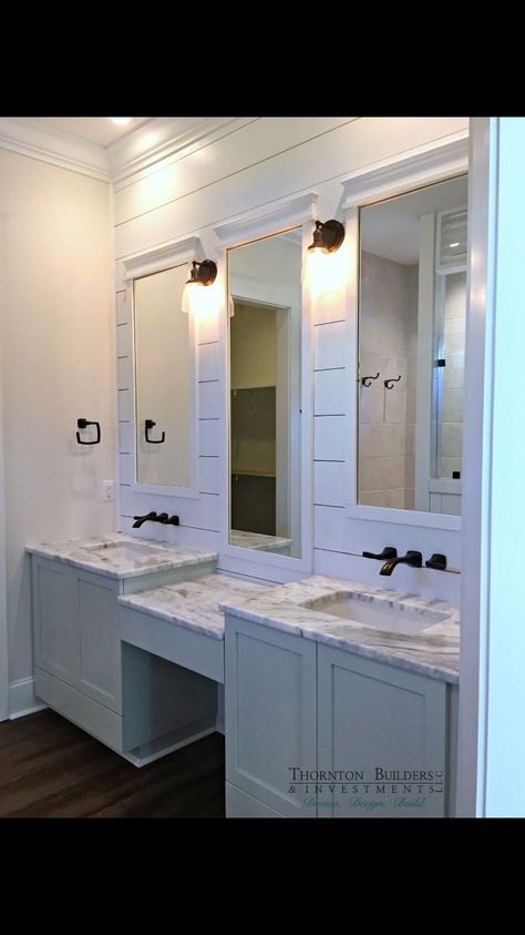 Vanity With Makeup Area, Master Suite Remodel, Farmhouse Bathroom Remodel, Best Kitchen Design, Master Bath Vanity, Makeup Area, Double Sinks, Revere Pewter, Master Bath Remodel