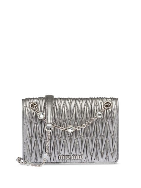 Party Handbags, Miu Miu Bag, Silver Bags, Bag Ideas, Chain Crossbody Bag, Designer Crossbody Bags, Crystal Embellishment, Quilted Bag, Some Words