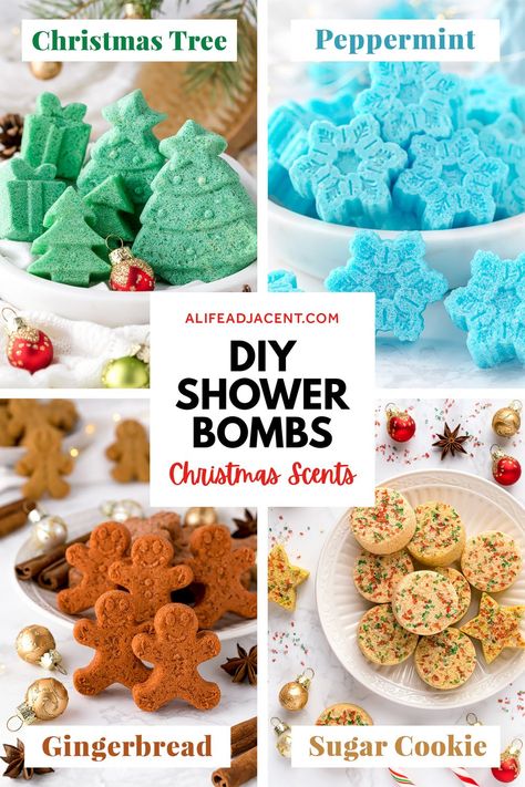 Photo collage of several kinds of homemade shower steamers with essential oils: Christmas tree, peppermint, gingerbread, and sugar cookie. Text overlay: DIY shower bombs in Christmas scents. Shower Steamers Diy, Bombe Recipe, Christmas Shower, Bath Bomb Recipes, Diy Shower, Christmas Scents, Holiday Scents, Cadeau Diy, Homemade Bath Products