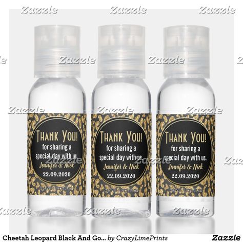 Cheetah Leopard Black And Gold Thank You Favors Hand Sanitizer Roaring 20s Engagement Party, Black And Gold Art Deco, Gold Party Favors, Cheetah Party, 50th Birthday Party Favors, Black And Gold Art, Scented Hand Sanitizer, Baby Shower Gifts For Guests, Wedding Favours Thank You