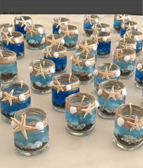 Deco Theme Marin, Cheap Wedding Favor Ideas, Beach Centerpieces, Toples Kaca, Beach Themed Crafts, Wedding Favor Ideas, Beach Bridal Showers, Nautical Crafts, Gel Candles