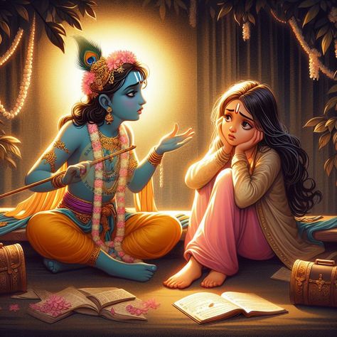 Krishna With Girl Devotee, Sanatan Paintings, Krishna Hugging Devotee, Krishna Devotee Girl, Devotee Of Krishna, Krishna Sakhi, Bal Krishna Photo, Buddhist Art Drawing, Shree Krishna Wallpapers