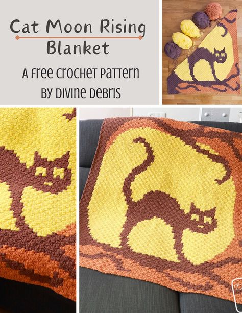 Free C2c Crochet Pattern, Crochet Moon, C2c Crochet Pattern, Crochet Graph, Cat Moon, Pattern Blanket, Halloween Crochet Patterns, Moon Rising, C2c Crochet