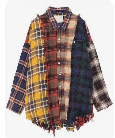 Flannel Rework, Reworked Clothes, Recycled Outfits, Patchwork Clothes, Recycled Clothing, Trendy Shirt Designs, Upcycle Shirt, Repurposed Clothing, Yellow Beige