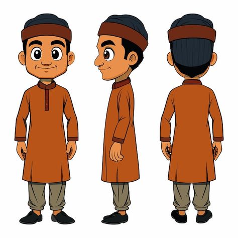 Asian Indian Pakistan Arab 2D agriculture Man Character Front View Side Back View Wear Shalwar Kam Character Front View, Character Side View, Man Character, Back View, Front View, Free Vector Art, Agriculture, Premium Vector, Graphic Resources