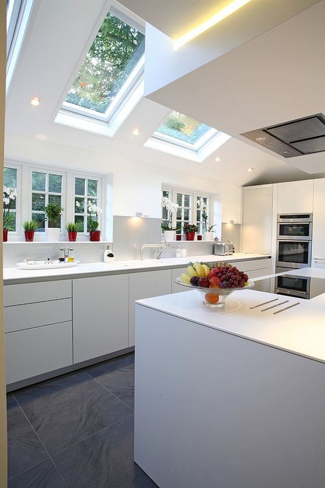 Kitchen Skylights, Grey Kitchen Furniture, Kitchen Skylight, Modern Skylights, Skylight Ideas, Kitchen Extension Ideas, Skylight Design, Skylight Kitchen, Velux Windows