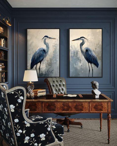 Enhance your coastal decor with this stunning Set of 2 Blue Herons Wall Art. These abstract heron paintings capture the graceful beauty of coastal birds, adding a touch of elegance to any room. Each canvas print is meticulously crafted, showcasing the fluid lines and vibrant hues of the blue herons. Available framed and ready to hang, this artwork offers a convenient and stylish way to elevate your living room, bedroom, or office decor. The abstract design and coastal theme make these prints a perfect addition to both modern and traditional interiors. Enjoy the serene and sophisticated charm of these heron paintings, and let them bring a sense of tranquility to your home. This is a SET OF TWO paintings! MEASURE YOUR SPACE! Measure your space well! Ask for a FREE mockup if unsure, because R Ocean Birds Painting, Audubon Prints Living Room, Bedroom Inspirations With Panelling, Wall Art Mockup Free, Blue Heron Painting, Blue Heron Art, Birds Wall Art, Heron Art, Coastal Birds