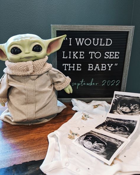 Star Wars Maternity Photoshoot, Nerdy Baby Nursery, Pokemon Baby Announcement, Grogu Nursery, Grogu Baby Shower Theme, Up Baby Announcement, Starwars Gender Reveal, Nerdy Pregnancy Announcement, Nerdy Baby Announcement