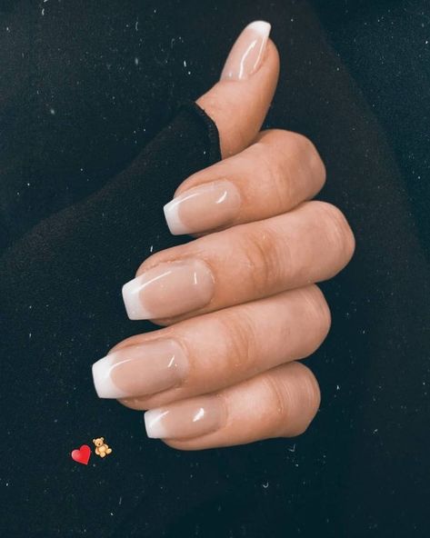 Clear Nails With White Tips, Shortish Nails Acrylic, Straight Short Nails, Neutral Sheer Nails, Nurse Acrylic Nails, French Tip Gel Nails Coffin, Simple Clean Girl Nails, Ballerina Wedding Nails, Clear Acrylic Overlay On Natural Nails