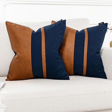 Amazon.com: Vfuty Set of 2 Navy and Brown Decorative Throw Pillow Covers 18x18 Inch Faux Leather and Cotton Patchwork Pillow Cover,Modern Farmhouse Accent Pillow Case for Living Room Couch Bed Boho Decor : Home & Kitchen Brown Leather Couch Navy Accent, Throw Pillows For Navy Blue Sofa, Leather Accent Pillows Living Room, Dark Blue And Leather Living Room, Gray Couch Colorful Pillows, Navy Bedroom Men, Navy Blue Accent Decor, Navy Gray Rust Living Room, Blue And Tan Living Room Color Scheme