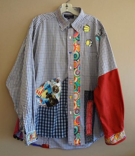 Funky Shirt, Funky Shirts, Patchwork Clothes, Altered Couture, Matching Couple Shirts, Shirt Refashion, Altering Clothes, Upcycled Fashion, Old T Shirts