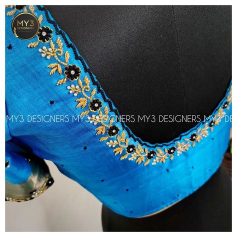 The Classy edit - An Elegant Blue 💙 Pure Silk work blouse, exquisitely adorned with intricate ⚜️💮 maggam work and a cutwork neckline. The design features detailed craTheftsmanship🧶🪡, embellished🧵 with 🖤 thread knot work, zardosi, cut dana, pearls, sequins, and jarkan. The fine detailing and pure workmanship ✨ highlight the blouse's rich and elegant 🪅 simplicity. 👇 MODEL NO : 110 👇 Outfit can be customised✔️ in any colour and model🎀 of your choice as per your requirement and Cancan can be pro... Simple Tread Works, Dark Blue Blouse, Maggam Work Blouses, Maggam Work Blouse Designs, Maggam Work, Blouse Work Designs, Thread Work, Work Blouse, Cut Work