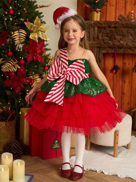 Glamorique Kids Christmas Occasion Toddler Young Girls Party Dress, Green Sequin Mesh Tulle Puffy Skirt, Red Mesh Hem Special Event Tutu Dress | SHEIN USA Party Dress Green, Toddler Christmas Dress, Puffy Skirt, Christmas Party Outfits, Christmas Style, Christmas Party Dress, Green Sequins, Kids Outerwear, Girls Party Dress