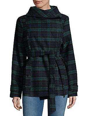 SAKS FIFTH AVENUE SELF-TIE HIGH NECK COAT. #saksfifthavenue #cloth # High Neck Coat, Green Color Combinations, Tie Waist Shirt, Greenwich Village, Wrap Coat, Classic Style Women, Long Sleeves Coats, Navy Green, Perfect Woman