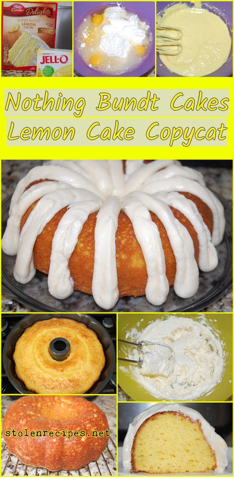 This recipe is a copycat of a chain bakery’s delicious cake! Lemon cake mix, lemon pudding mix, sour cream, eggs, oil, lemon juice and water are combined to make this yummy cake batter. A basic cream cheese frosting is made with cream cheese, butter, vanilla and powdered sugar. Piping the frosting on the cake instead of spreading the frosting, makes this lemon cake a double for the bakery version! Nothing Bundt Cake Copycat, Lemon Bundt Cakes, Lemon Bundt Cake Recipe, Nothing Bundt, Cake Lemon, Nothing Bundt Cakes, Lemon Bundt Cake, Mini Bundt Cakes, Lemon Cake Mixes