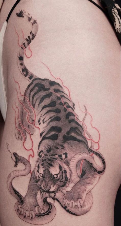 Sumatran Tiger Tattoo, Animal Samurai Tattoo, White Tiger Tattoo Men, Tiger Tatoos Woman, Saber Tooth Tiger Tattoo, Sabertooth Tiger Tattoo, Tiger And Snake Tattoo, Tiger Snake Tattoo, Tiger Tattoo Design Men