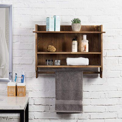 Wall mounted wooden organizer rack features 3 shelves for storing bathroom supplies | Loon Peak® Wall-Mounted Rustic Wood 3-Tier Bathroom Organizer Display Shelf Rack w / Hand Towel Bar in Brown, Size 18.25 H x 23.5 W x 7.0 D in Wooden Bathroom Shelves, Bathroom Wood Shelves, Bathroom Shelf With Towel Bar, Hand Towel Bar, Bathroom Wall Shelves, Into The Wood, Wood Floating Shelves, Wood Bathroom, Bathroom Organizer