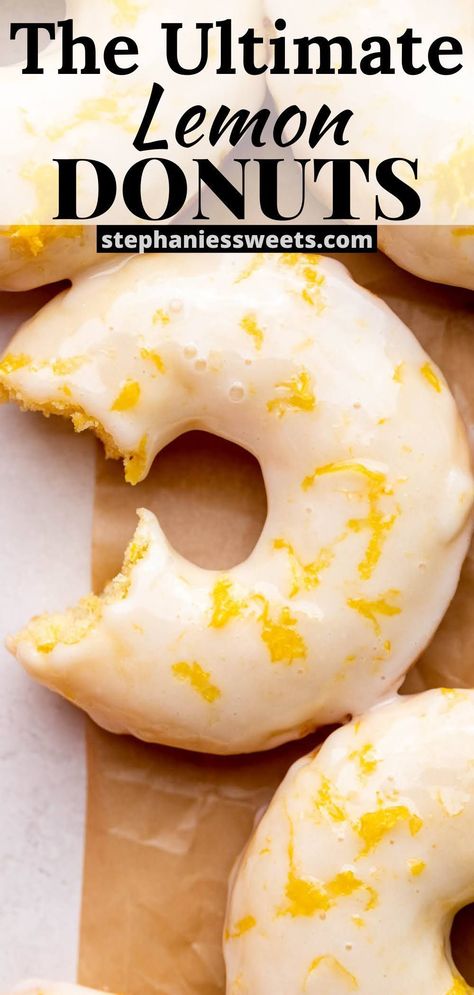 These lemon cake donuts are super soft and full of fresh lemon flavor. They are easy to make with a lemon glaze topping. Dunkin Donut, Starbucks Lemon Loaf, Starbucks Lemon, Baked Doughnuts, Fried Donuts, Baked Donut Recipes, Mixer Recipes, Averie Cooks, Lemon Loaf