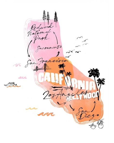 Sunshine inspired 🌴 the state of California. One of my favorite states in 🇺🇸 @fjartists swipe to see a simple animated map.  . . #illustrator #illustration #travelinspiredart #architecturedrawing #illustratedlandmark #drawingcalifornia #usastates #illustratedmap #wanderlust #ink #londondrawing #losangeles #iconographyart #travelillustration #gradient #handdrawnlettering  #linedrawing #carolinetomlinsonillustration #carolinetomlinsonillustrator London Drawing, California Graphic, State Of California, Journal Sticker, Lifestyle Illustration, Hand Drawn Lettering, Sticker Ideas, Illustrator Illustration, Travel Illustration