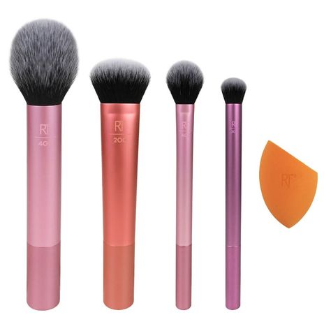 The Real Techniques Everyday Essentials combines everything you need to achieve flawless and professional-looking makeup looks. Catering for the face, cheeks and eyes, the essential kit will allow you to cover, colour and blend with ease. All brushes use synthetic bristles.  100% cruelty free.  The Set Contains:  400 Blush Brush A fluffy blusher brush with soft, tapered bristles to effortlessly blend powder blush with even, smooth and natural-looking results.  Miracle Complexion Sponge® A 3-in-1 Essential Makeup Brushes, Mac Foundation, Face Firming, Real Techniques Brushes, Blusher Brush, Makeup Sets, Makeup Brush Kit, Color Makeup, Brush Makeup