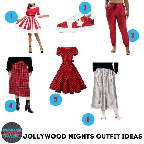 Jollywood Nights Outfit Ideas, Disney Jollywood Nights Outfit, Jollywood Nights Outfit, Disney Outfit Inspiration, Jollywood Nights, Sequin Joggers, Shiny Skirts, Red Loafers, Christmas Suit