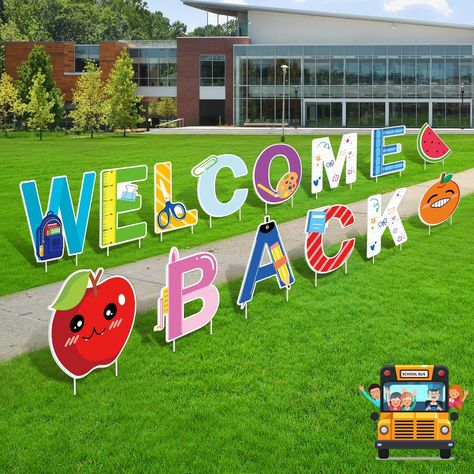 PRICES MAY VARY. Colorful Meaningful School Welcome Day: Wanna have a Wonderful First Day of School? Try this eye-catching 14 -piece WELCOME BACK to school yard sign. It shows a Warm Welcome to your beloved students and adds more Fun to the meaningful day. Weather Resistant Sturdy & Durable: our outdoor lawn decorations are made of premium 4mm corrugated plastic board and apply UV printing, which makes them rain-proof, sun-proof, fade resistant, and wind-proof; Durable for long-time use and will Welcome Back Boards, School Yard Signs, Celebration Images, School Board Decoration, Welcome To School, Lawn Decorations, Kindergarden Activities, Kids Worksheets Preschool, First Day Of School Activities