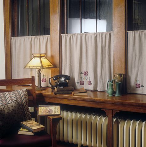 Curtains in the Arts & Crafts Style — Ann Wallace for Prairie Textiles Craftsman Window Treatments, Craftsman Curtains, Arts And Crafts Dining Room, Bungalow Furniture, Radiator Table, Curtains And Shades, Craftsman Windows, Craftsman Window, Craftsman Houses