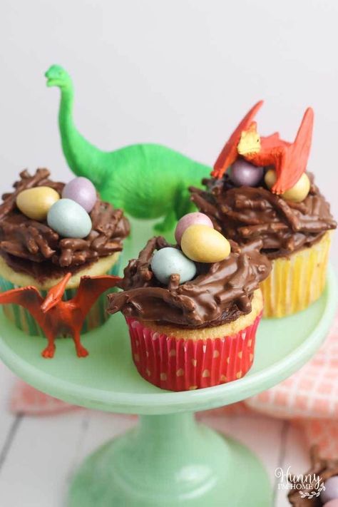 These fun cupcakes are perfect for a dinosaur themed party. So cute and delicious! #cupcakes #cupcakerecipe #dino #dinosaur #dinosaurcupcakes #dinosaurparty #partytime #partycupcakes #dinocupcakes #cupcakedecorating #craftgossip Dino Egg Cupcakes, Egg Party Food, Dinosaur Nest, Dinosaur Decorations, Dinosaur Cakes, Nest Cupcakes, Chocolate Nests, Egg Cupcakes, Egg Chocolate