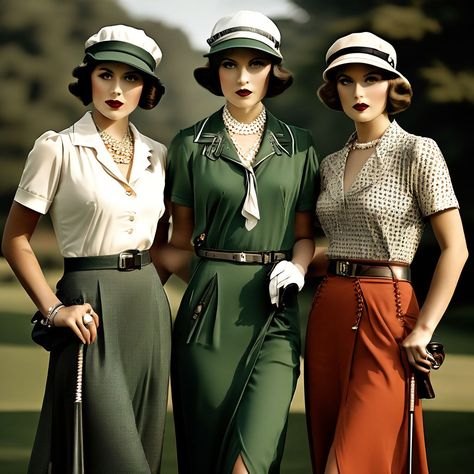 3 stylish fashionable ladies from the 1920s in golf vintage ... by Zygi Cards - Playground Vintage Golf Outfit, Vintage Golf Fashion, Womens Golf Fashion, Vintage Golf, Golf Wear, Golf Fashion, The 1920s, Diy Vintage, Xmas Party