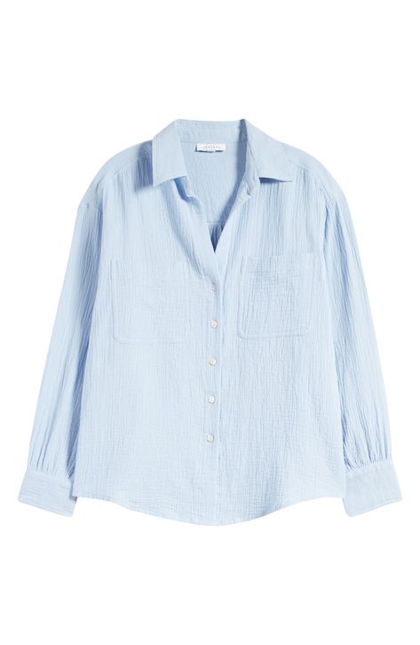 This all-cotton button-up shirt is subtly textured to give off casual vibes. 28" length (size 8) Front button closure Spread collar Long sleeves 100% cotton Machine wash, line dry Imported Light Blue Button Up, Blue Button Down, Blue Button Up, Word Costumes, Button Up Shirt Women, Silly Clothes, Blue Shirt Women, Soft Clothing, Light Blue Shirt