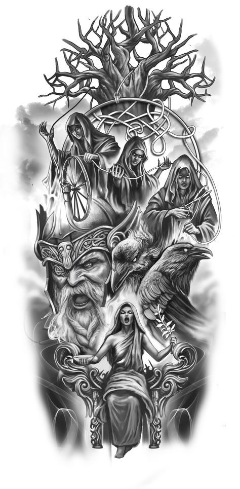 Norse Tattoo Sleeve Vikings, The Norns Tattoo, Viking Warrior Tattoo Design, Viking Gods Tattoo, Vikings Tattoo Design, Viking Tattoos Ideas, Odin Tattoo Design, Viking Drawings, Viking Tattoos For Men