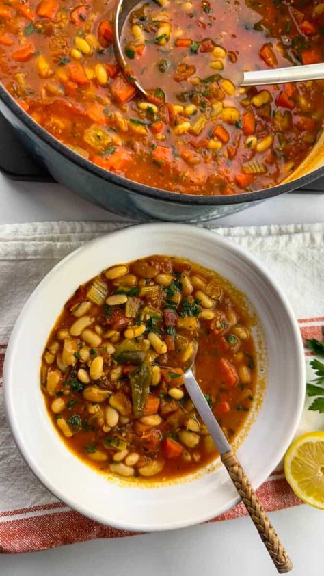 Fasolada Greek Bean Soup Recipe Fava Bean Soup, Fasolada Soup Greece, Fava Beans Recipes, Northern Beans, Bean Soup Recipes, Great Northern Beans, Fava Beans, Crushed Garlic, Ripe Tomatoes