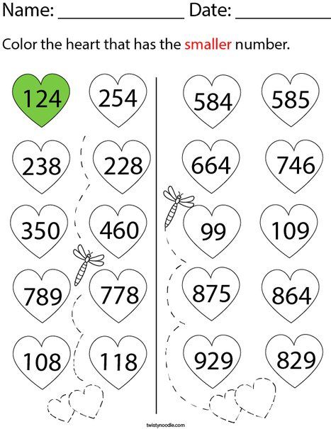 Color the heart that has the smaller number Math Worksheet - Twisty Noodle Spring Math Kindergarten, Back To School Worksheets, Beginning Sounds Worksheets, Chemistry Worksheets, Blends Worksheets, Math Valentines, Circle Math, Preschool Tracing, Literacy Worksheets