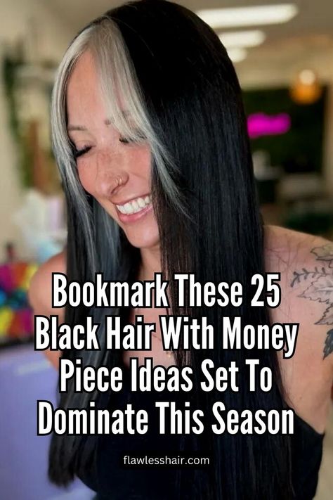 White Bangs Money Piece On Black Hair Bangs Money Piece, White Money Piece, Money Piece Ideas, Black Hair With Money Piece, White Bangs, Hair With Money Piece, Beautiful Black Hair, Money Piece, Top Pick