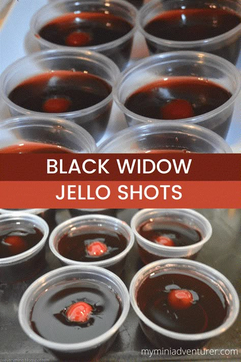 Black Widow Jello Shots - My Mini Adventurer Bacon Jello Shots, Black Widow Jello Shots, Fall Jello Shots Alcohol, Black Shots Alcohol, Halloween Shots Jello, Black Cherry Jello Recipes, Red Jello Shot Recipe, Jello Shot Recipes Halloween, Fall Jello Shot Recipes