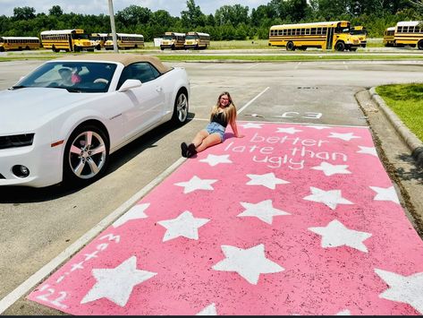 Better Late Than ugly parking spot , white stars parking spot Hot Pink Parking Spot, Pink Parking Spot Ideas, Legally Blonde Parking Spot, Western Parking Spots, Better Late Than Ugly Parking Spot, Cute Senior Parking Spot Ideas Pink, Parking Spot Painting Easy, Car Parking Spot Painting, Senior Parking Space Ideas Pink