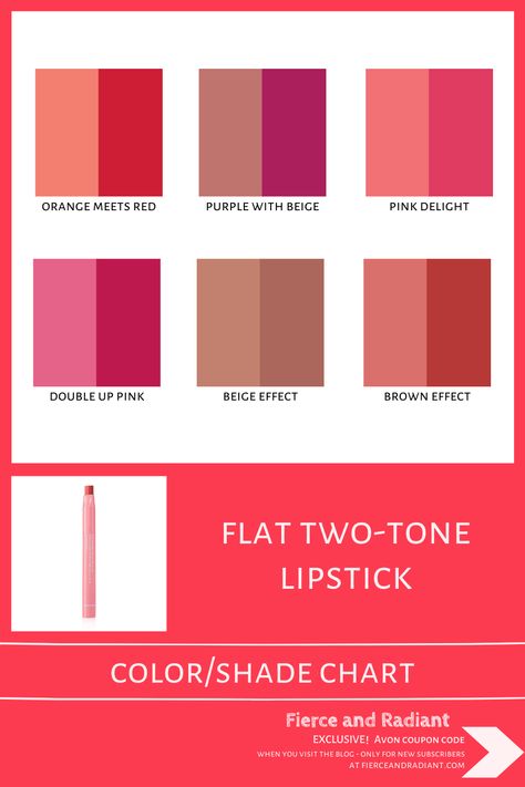 ~ from your #AvonRep ~ Trying to find your perfect shade of Flat Two-Tone Lipstick? Here’s a chart just for you! This flat tip, dual color lip product provides a gorgeous ombre or gradient lip look with a lasting, shiny gloss finish. Learn more! ~ EXCLUSIVE Avon coupon code when you visit the blog ~ Save money with my exclusive discount - only for new subscribers! ~ Two Tone Lipstick, Ombre Lipstick, Gradient Lips, Avon Lipstick, Lip Trends, Lipstick Shade, Face Shape Hairstyles, Ombre Lips, Avon Makeup