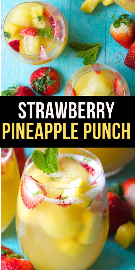 Strawberry Pineapple Punch, Strawberry Punch, Alcoholic Punch Recipes, Non Alcoholic Punch, Party Punch Recipes, Alcoholic Punch, Pineapple Punch, Pineapple Drinks, Punch Drinks