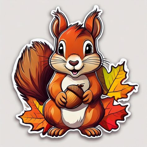 Fall Themed Stickers, Squirrel Drawing Easy, Thanksgiving Cartoons, Squirrel Printable, Illustration Squirrel, Fall Window Painting, Acorn Drawing, Squirrel Sticker, Fall Squirrel