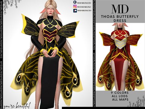 Sims4 Cc Hair Long, Sims 4 Cc Butterfly, Sims 4 Butterfly, S4cc Clothes, Los Sims 4 Mods, Drag Queen Outfits, Race Outfit, Carnival Dress, Sims 4 Dresses