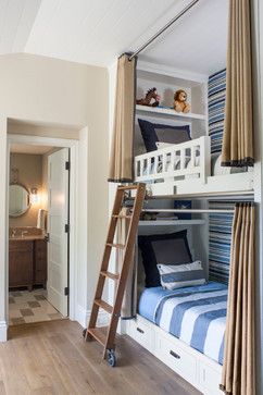 I like the bunks being set into the wall and the inset shelving for each kid. Bunk Beds Small Room, Bunk Bed Ladder, Bunk Beds Boys, Bunk Bed With Desk, Bunk Beds Built In, Bunk Rooms, Built In Bunks, Bunk Beds With Stairs, Bunk Bed Designs