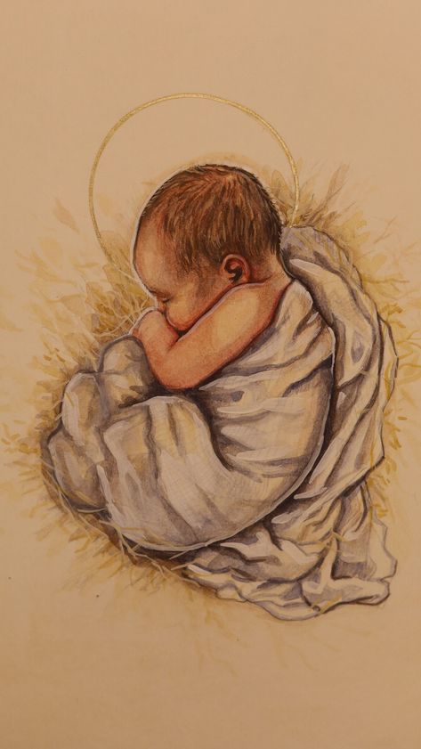 Original 8×10 Gouache painting with gold ink details. Signed by the artist Catholic Watercolor Art, Baby Jesus Drawing, Baby Jesus Watercolor, Christian Painting Ideas, Baby Jesus Pictures, Ancestry Art, Mary Mother Of Jesus, Christian Painting, Baby Artwork