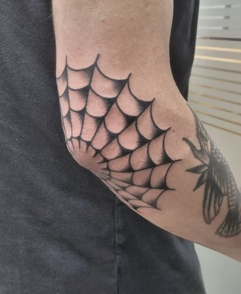 Spiderweb Tattoo Shaded, Spider Web Tattoo Elbow Men, Old School Web Tattoo, Spider Net Tattoo Elbow, Cobweb Knee Tattoo, Elbow Spiderweb Tattoo, Old School Spider Web Tattoo, Small Filler Tattoo Ideas Men, Elbow Web Tattoo