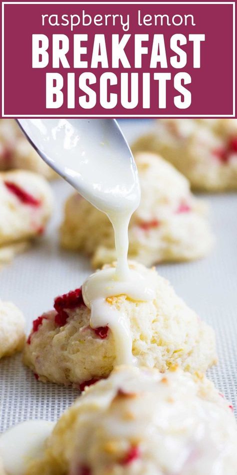 Studded with fresh raspberries, these Raspberry Lemon Breakfast Biscuits are moist and sweet and completely irresistible. A tangy lemon glaze turns them into a decadent breakfast treat. Biscuits And Jam Breakfast, Lemon Raspberry Breakfast, Raspberry Biscuits, Spring Cooking, Decadent Breakfast, Aesthetic Recipes, Raspberry Breakfast, Lemon Breakfast, Lemon Biscuits