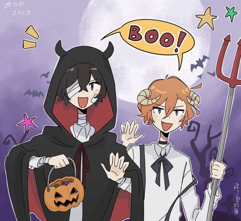 soukoku // skk Bsd Halloween Wallpaper, Halloween Soukoku, Bsd Halloween, Bsd Fanart, Detective Shows, Chuuya Nakahara, Silly Dogs, Bongou Stray Dogs, Stray Dogs Anime