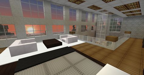 minecraft survival, modern house, interior, loft master bedroom, loft sitting area, large windows Room Idea Minecraft, Modern Master Bed, Minecraft Interior Design Ideas, Minecraft Modern Bedroom, Interior Design Minecraft, Minecraft House Interior, Bedroom Ideas Minecraft, Minecraft Houses For Girls, Minecraft Houses Interior