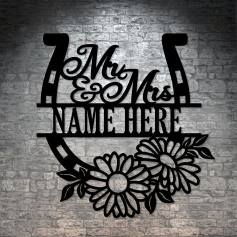 Design your personalized Mr & Mrs horseshoe metal sign today and add a unique name, date, or message. This customizable family last name wall hanging is the perfect display for a hall, bathroom, entryway, or living room, and could be a one-of-a-kind wedding wall art sign gift to yourself or a loved one. E.g. ranch monogram gift for a Birthday, Christmas, Anniversary, Retirement, Mother's Day, Father's Day, or Housewarming - You decide 😊 *Attention*NO hyphens, dashes, colons, semi-colons, symbol Horse Theme Wedding, Horse Wedding Theme, Name Wall Hanging, Wedding Wall Art, Horses Theme, Family Wall Decor, Hall Bathroom, Wedding Wall, Laser Cut Metal