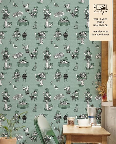 Gnome, sweet gnome! 🌸✨⁠ ⁠Whimsical garden gnomes in playful woodland scene with mushrooms, barbecue, chilling out and drinking beer create a fun and relaxed atmosphere. Sage Green Wallpaper, Woodland Scene, Whimsical Garden, Gnome Garden, Green Wallpaper, Drinking Beer, Sage Green, Custom Wallpaper, Peel And Stick Wallpaper