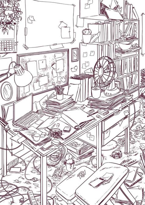 Library Room Reference Drawing, Bookshelf Perspective Drawing, Cluttered Bedroom Drawing, Messy Room Drawing Reference, Detailed Room Drawing, Messy Room Painting, Messy Room Aesthetic Drawing, Drawing Room Reference, Cluttered Desk Drawing